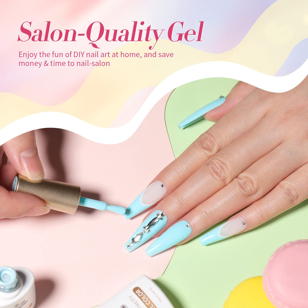 Born Pretty pastel gel polish set used in a DIY manicure with base and top coats.