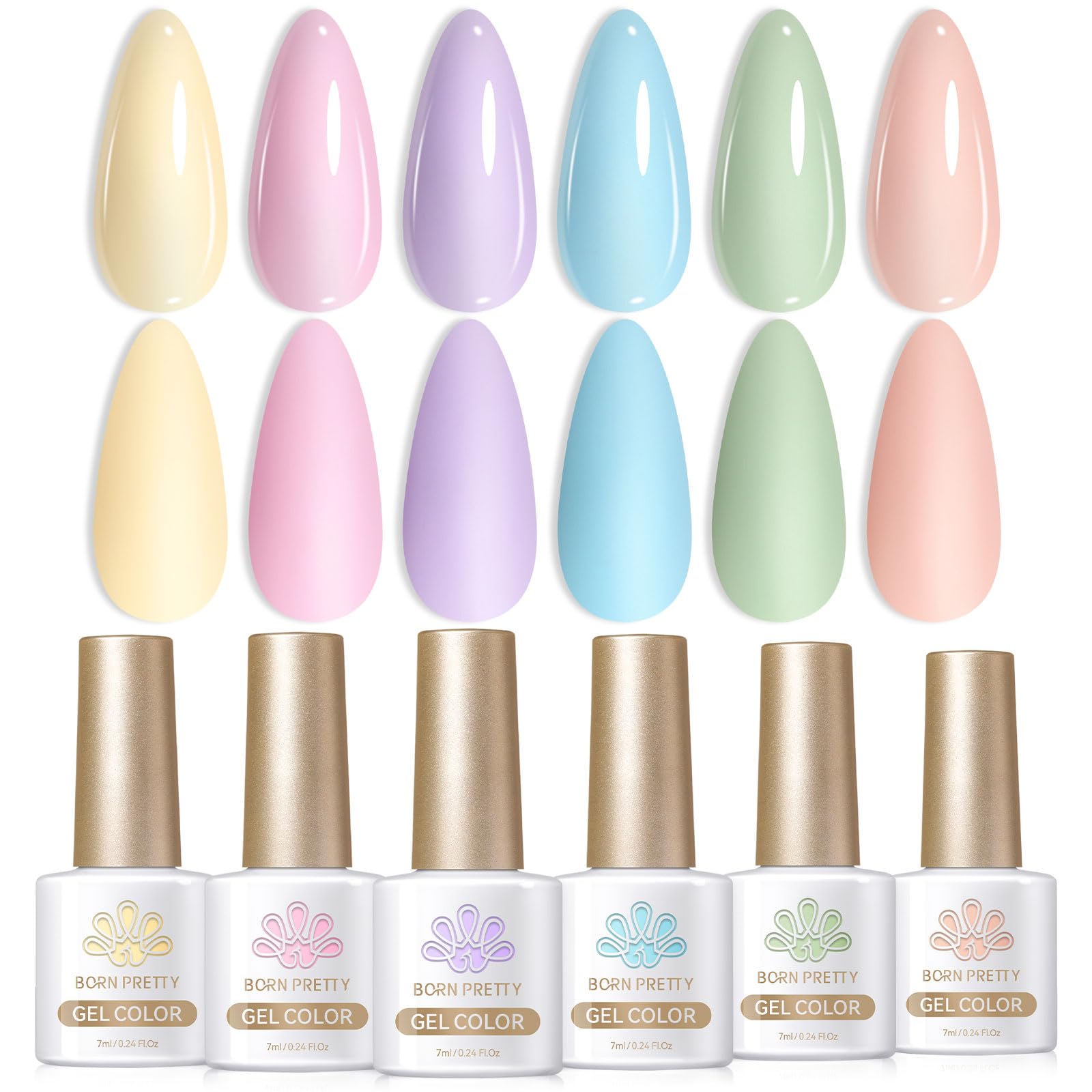 Born Pretty pastel gel nail polish set packaging shows six pastel bottles for spring nails.