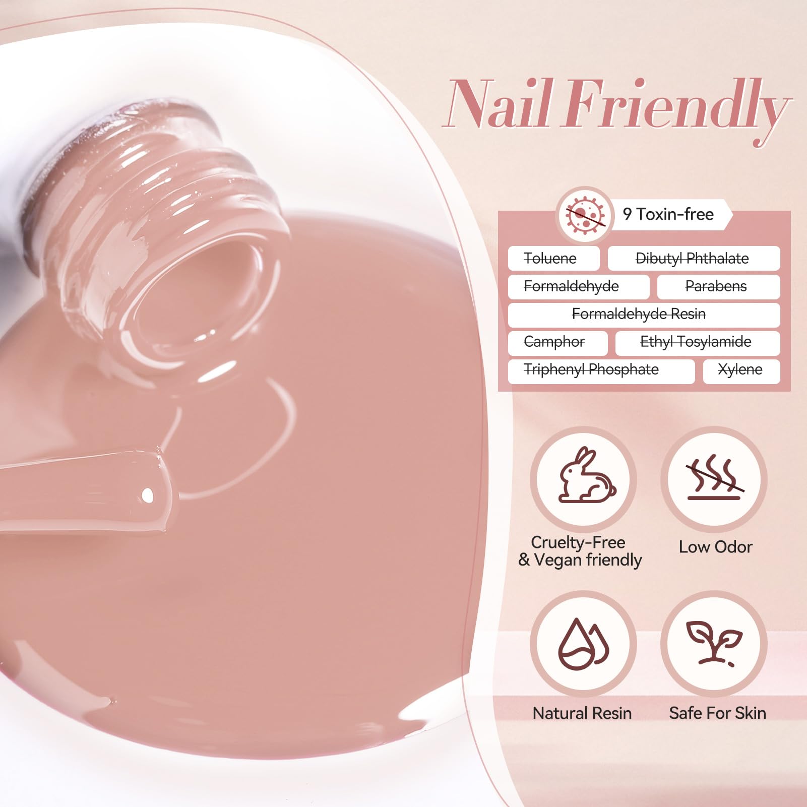 Born Pretty Pink Nude Gel nails retain shine and long wear.