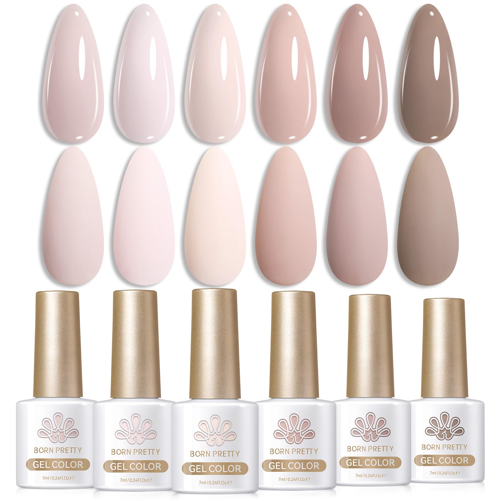 Born Pretty Pink Nude Gel Nail Polish swatches show six soft shades for easy manicures.