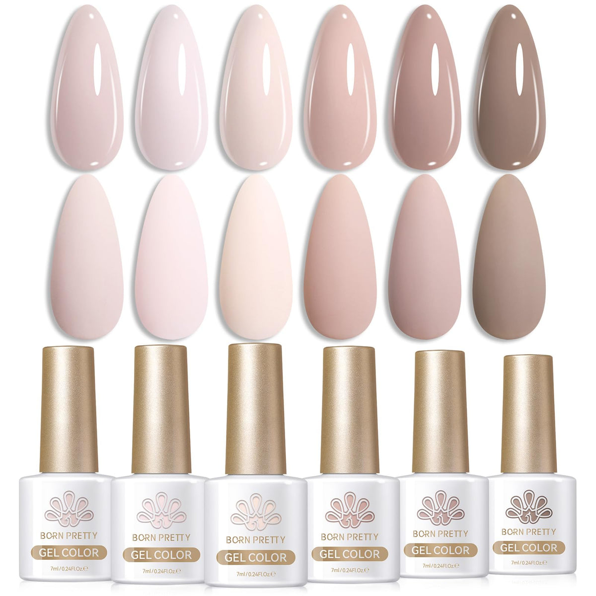 Born Pretty Pink Nude Gel Nail Polish swatches show six soft shades for easy manicures.