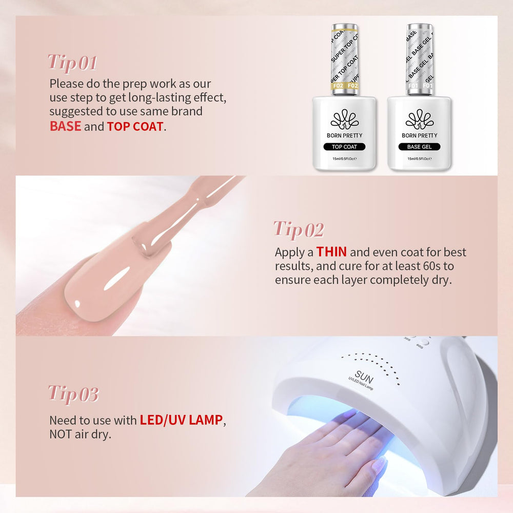 Born Pretty pink nude polish cure-ready with UV lamp for stable finish.