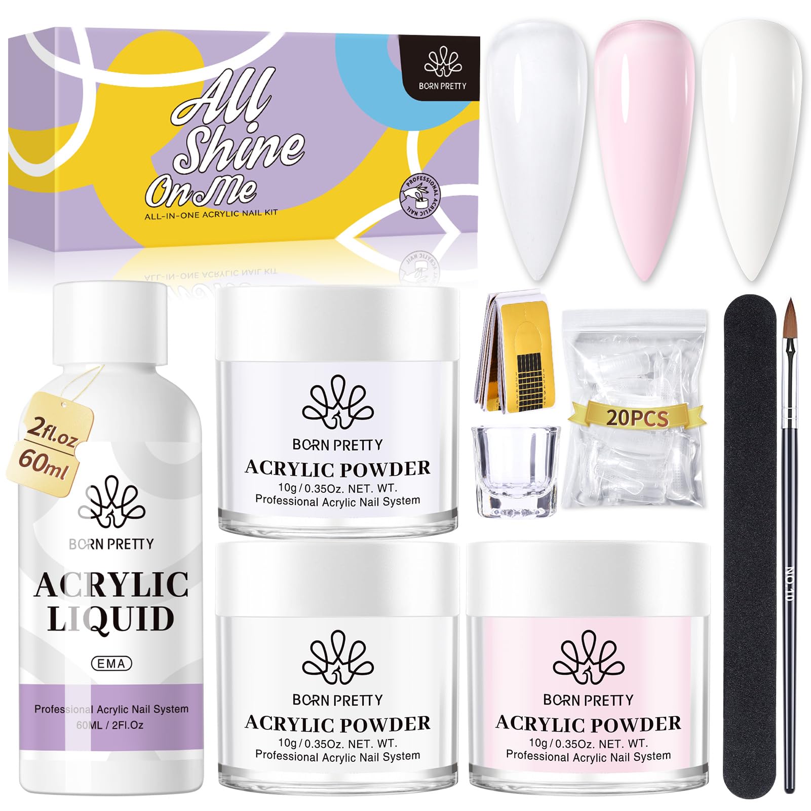 Born Pretty powder-colors set enables customizable pink, white, and clear looks.