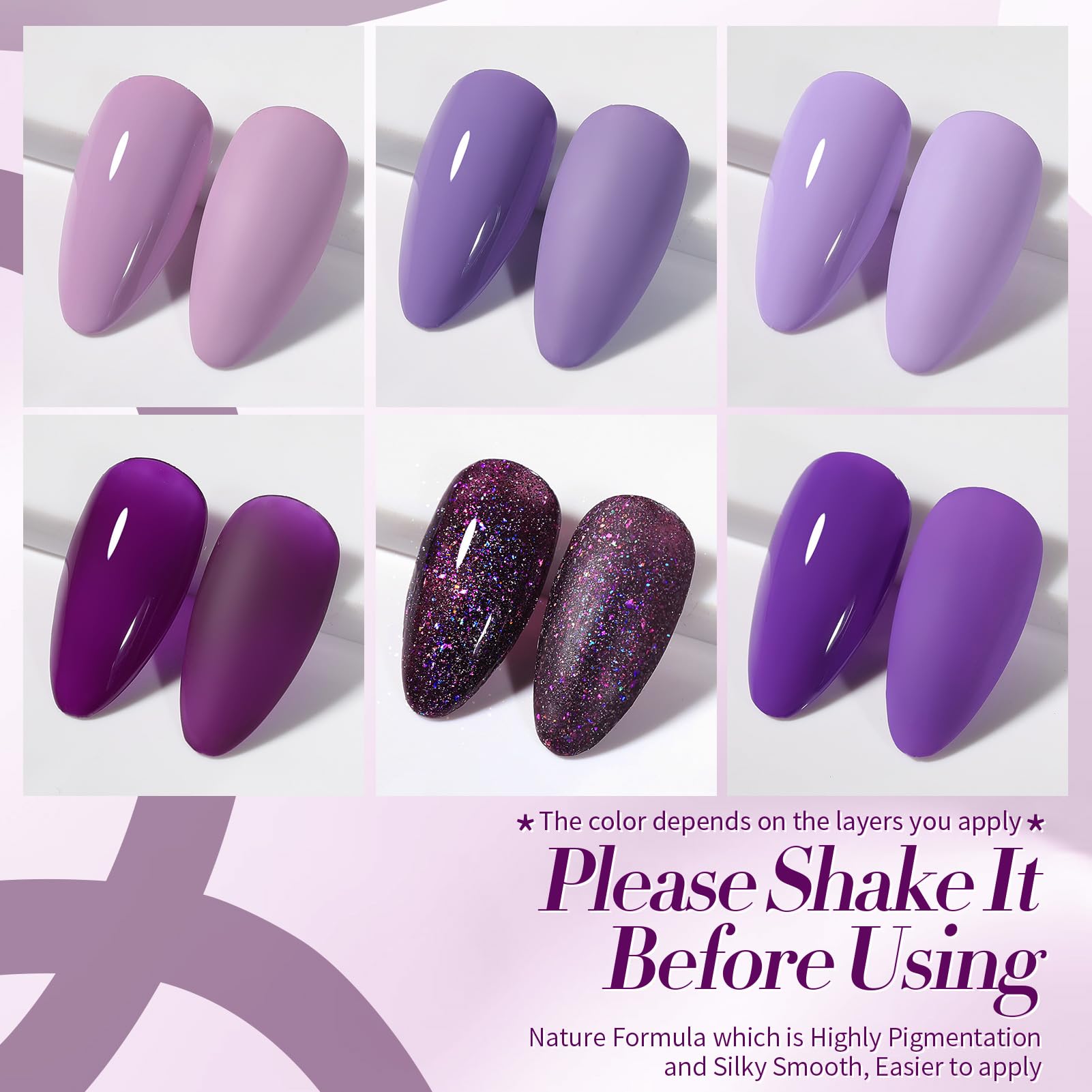 Born Pretty lavender to deep purple gel on nails demonstrates chic home manicure options