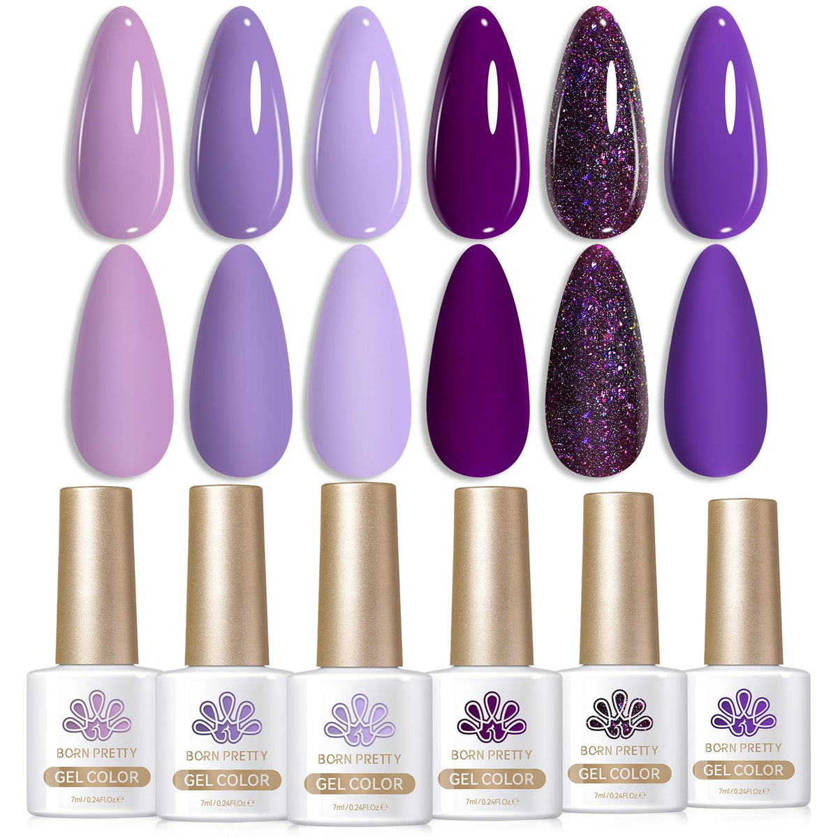 Born Pretty purple gel nail polish set swatches show six hues for versatile manicures