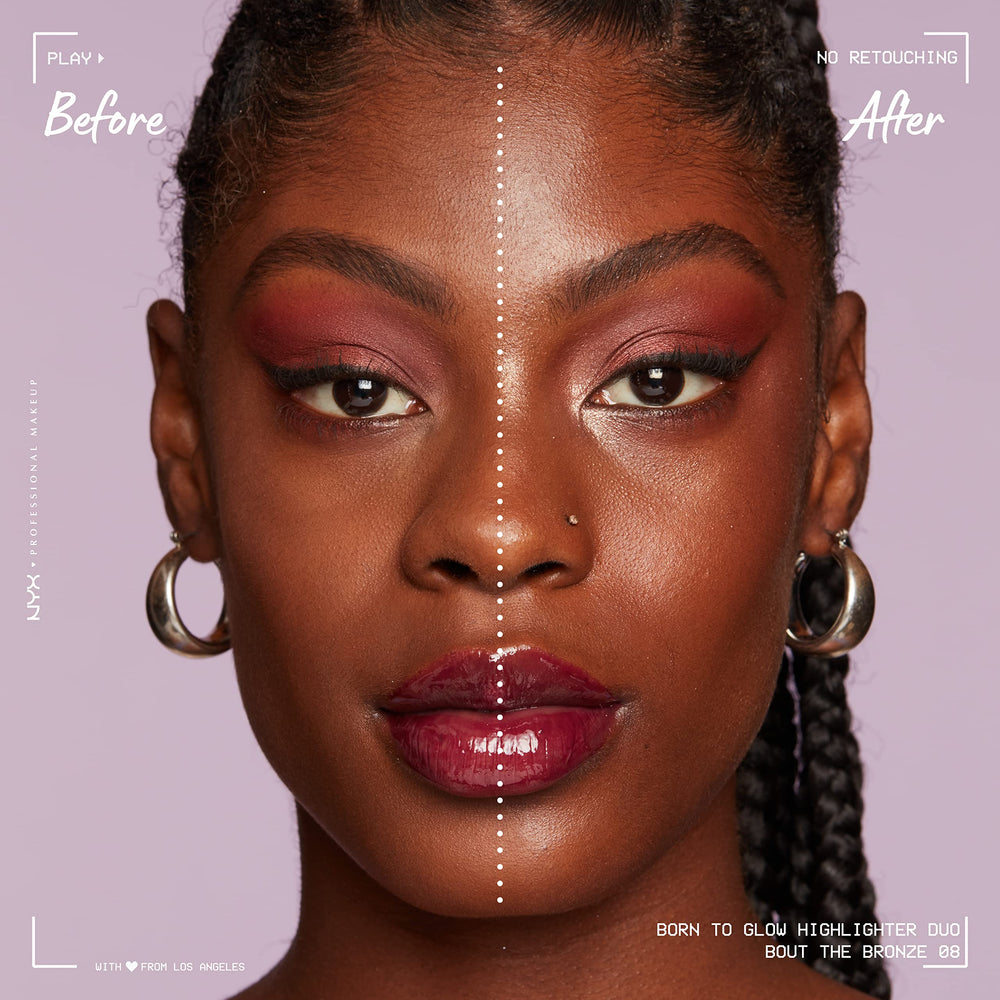NYX Born To Glow Icy Highlighter Duo cheekbone application emphasizes high points with luminous finish