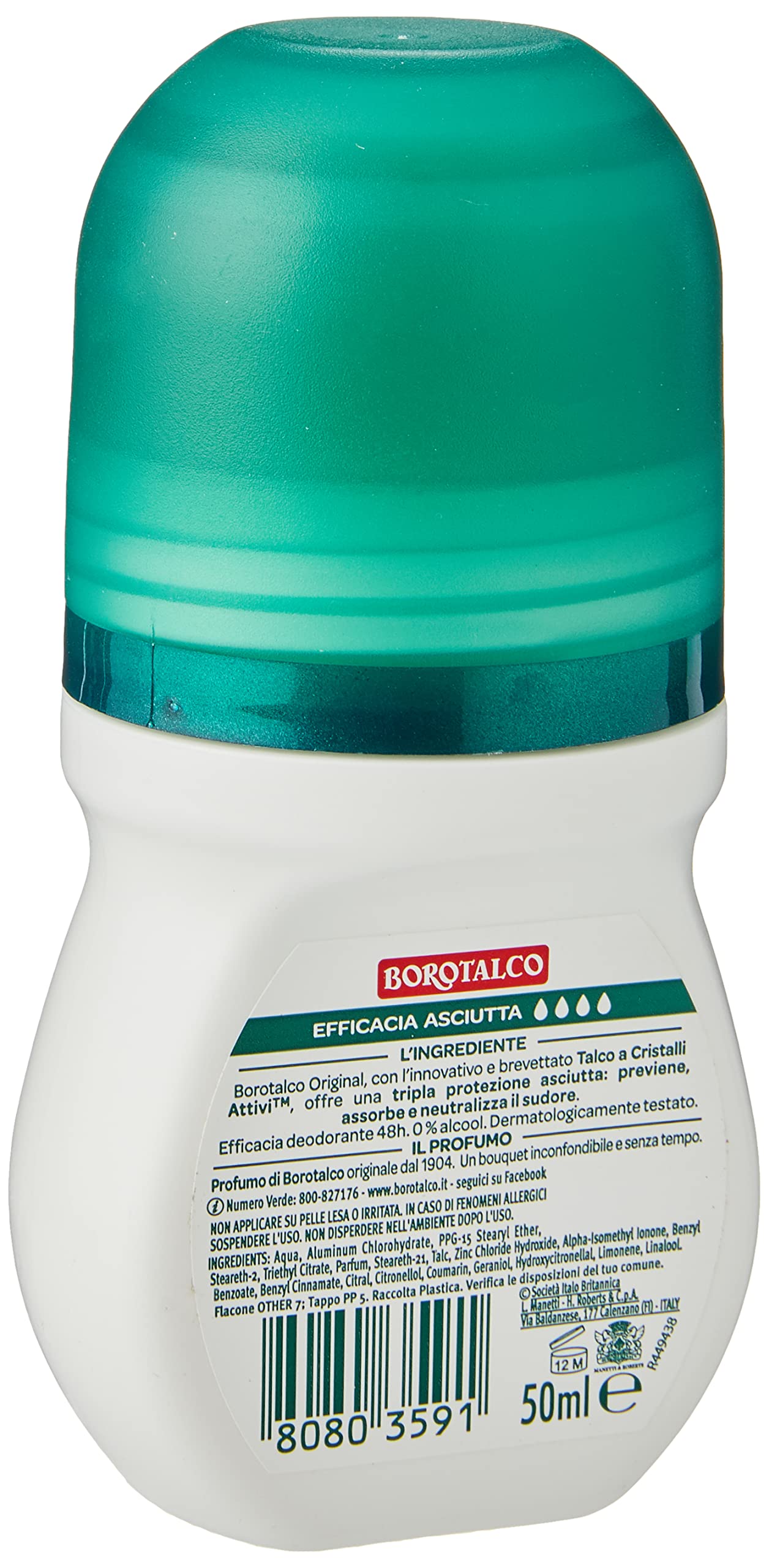 Borotalco Deodorant Roll-On Original application view demonstrates quick-drying and mess-free use.