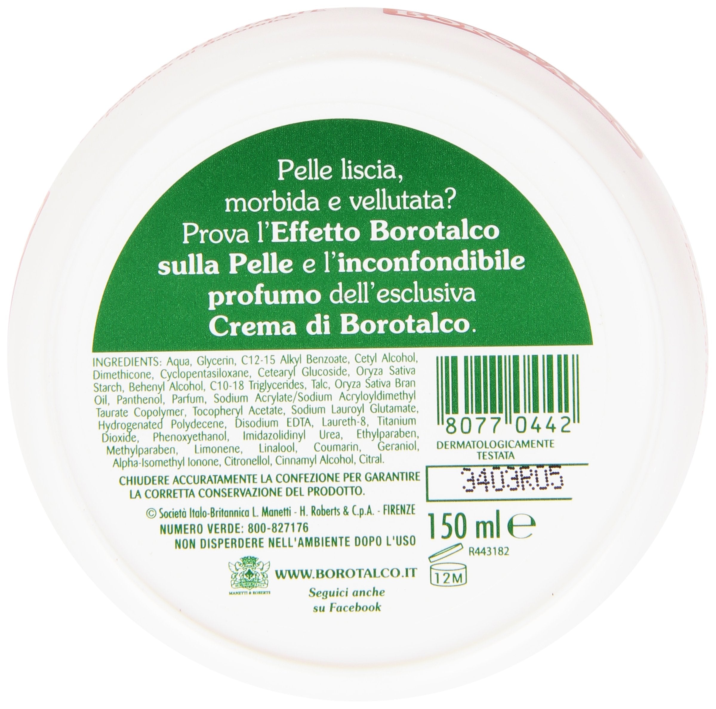 Borotalco Scented Smoothing Cream texture close-up reveals quick absorption and non-greasy finish.