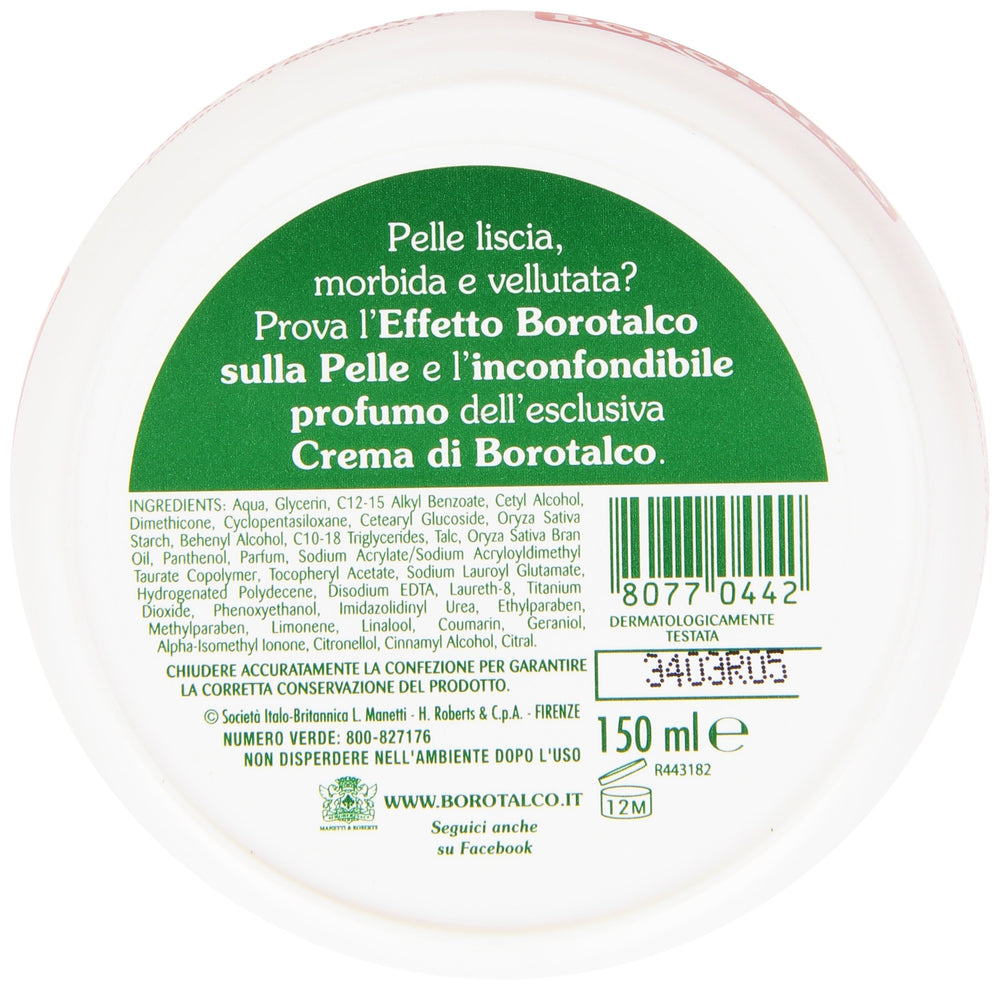 Borotalco Scented Smoothing Cream texture close-up reveals quick absorption and non-greasy finish.