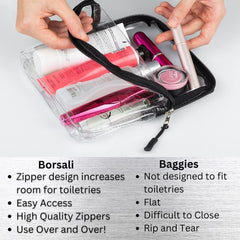 BORSALI clear 1L bag contents visible during travel encourages tidy packing.