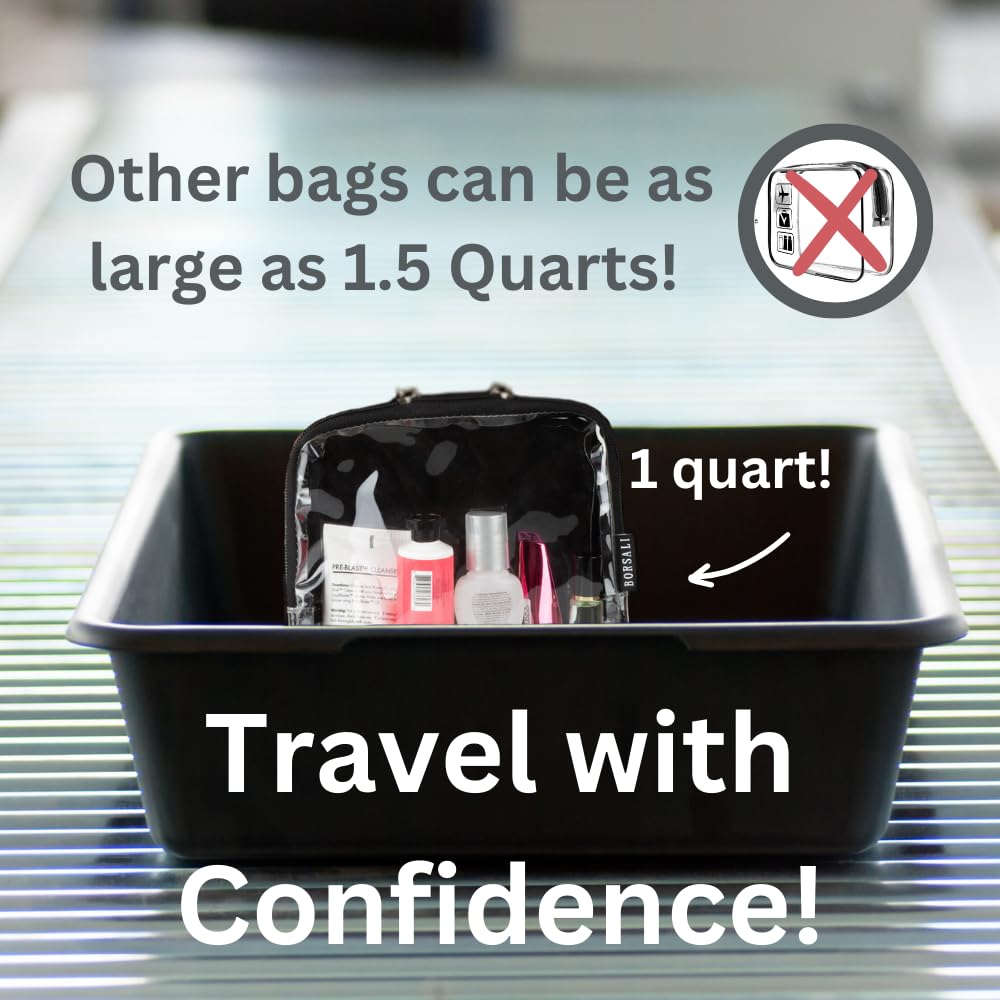 BORSALI TSA-approved toiletry bag clear quart zipper closeup highlights easy-access design for faster packing.