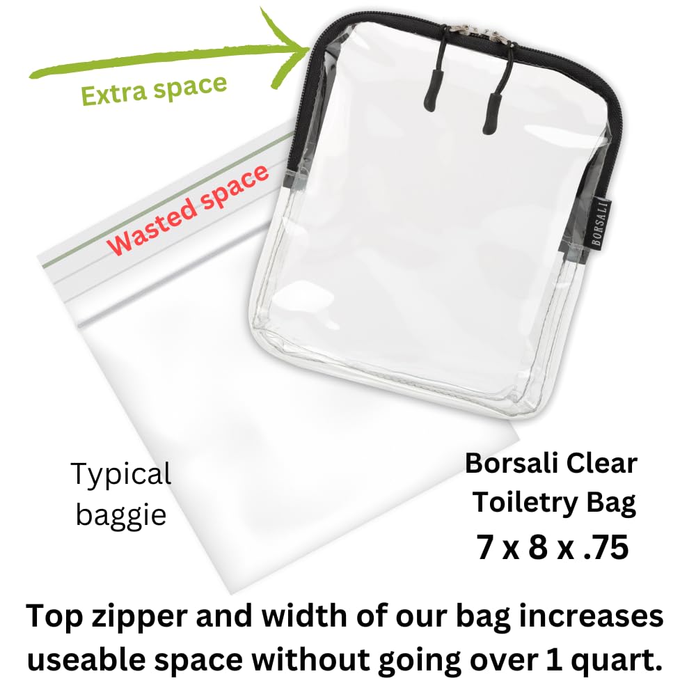 BORSALI two-pack transparent cosmetic bags on display emphasize value and versatile organization.