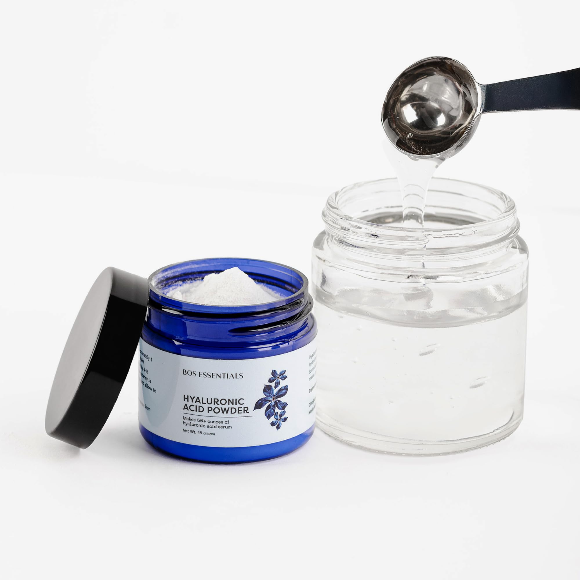 Bos Essentials Hyaluronic Acid Powder with spoon ready for precise measurement