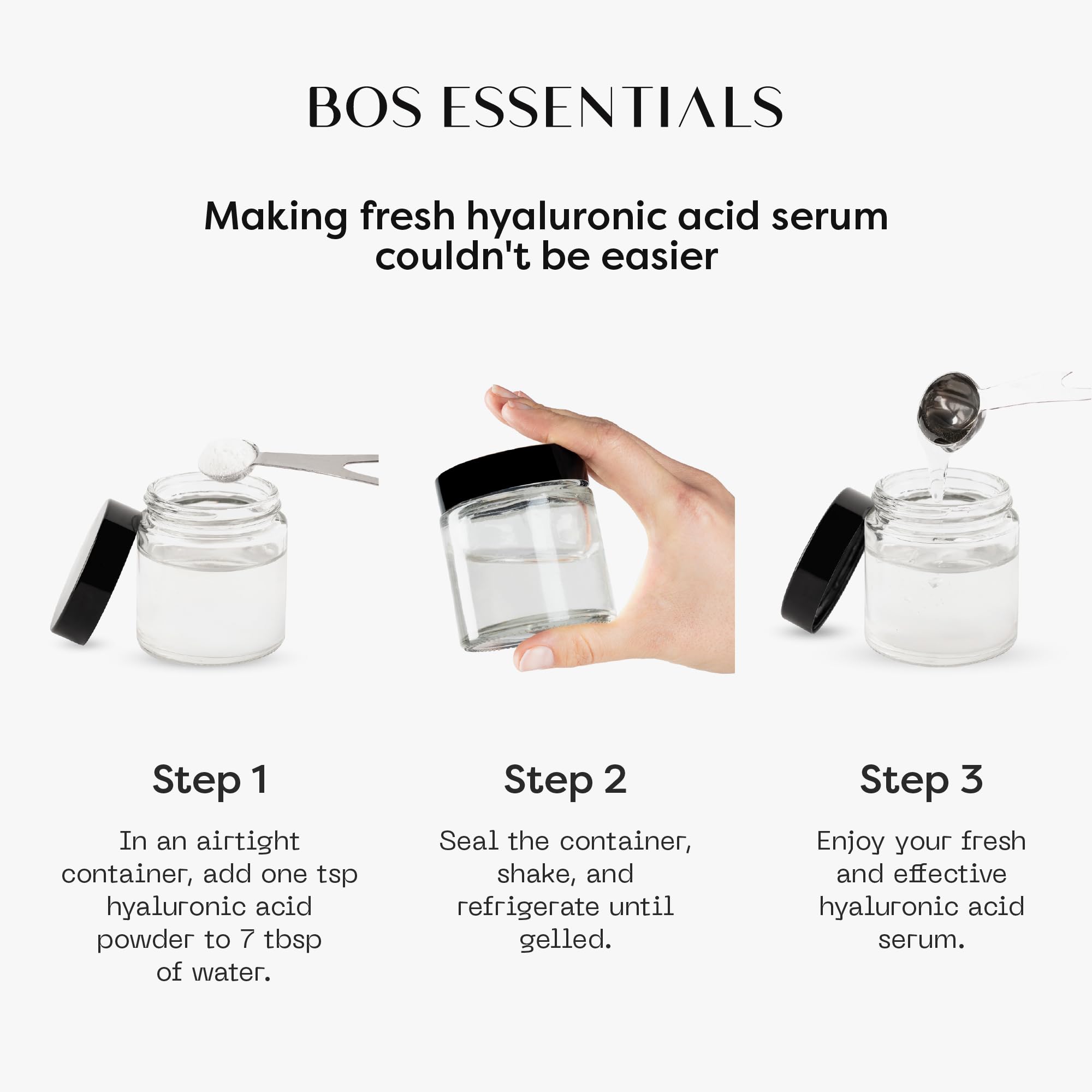 Bos Essentials Pure Hyaluronic Acid Powder beside water for hydration-ready serum