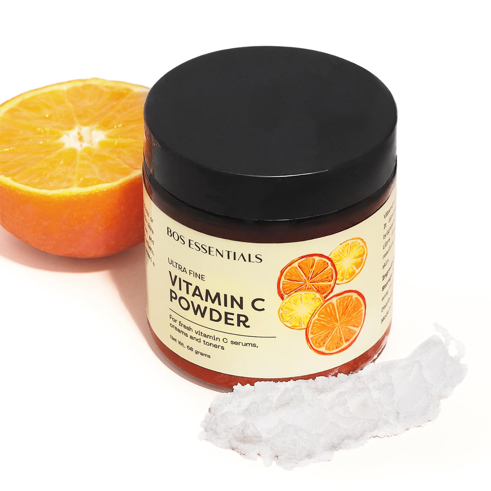 Bos Essentials vitamin C powder mixed with green tea for refreshing routines.