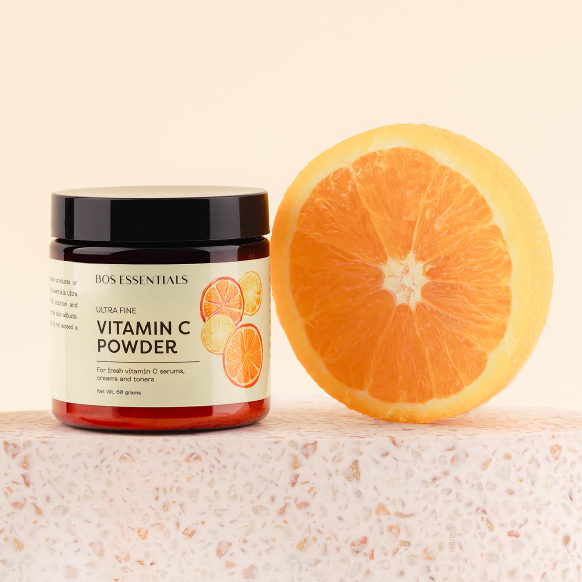 Bos Essentials vitamin C powder label showing 100 percent pure ascorbic acid.