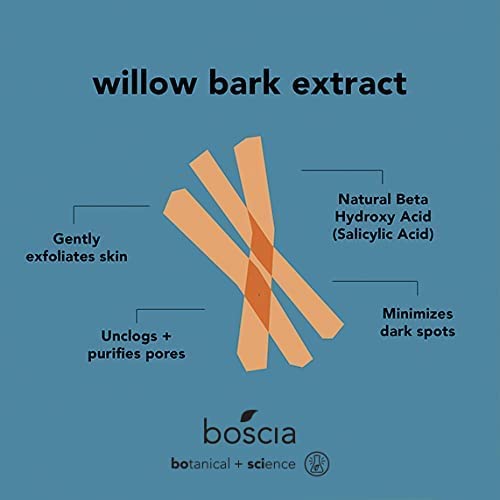 Boscia clear complexion cleanser on bathroom shelf hints simple daily skincare routine.