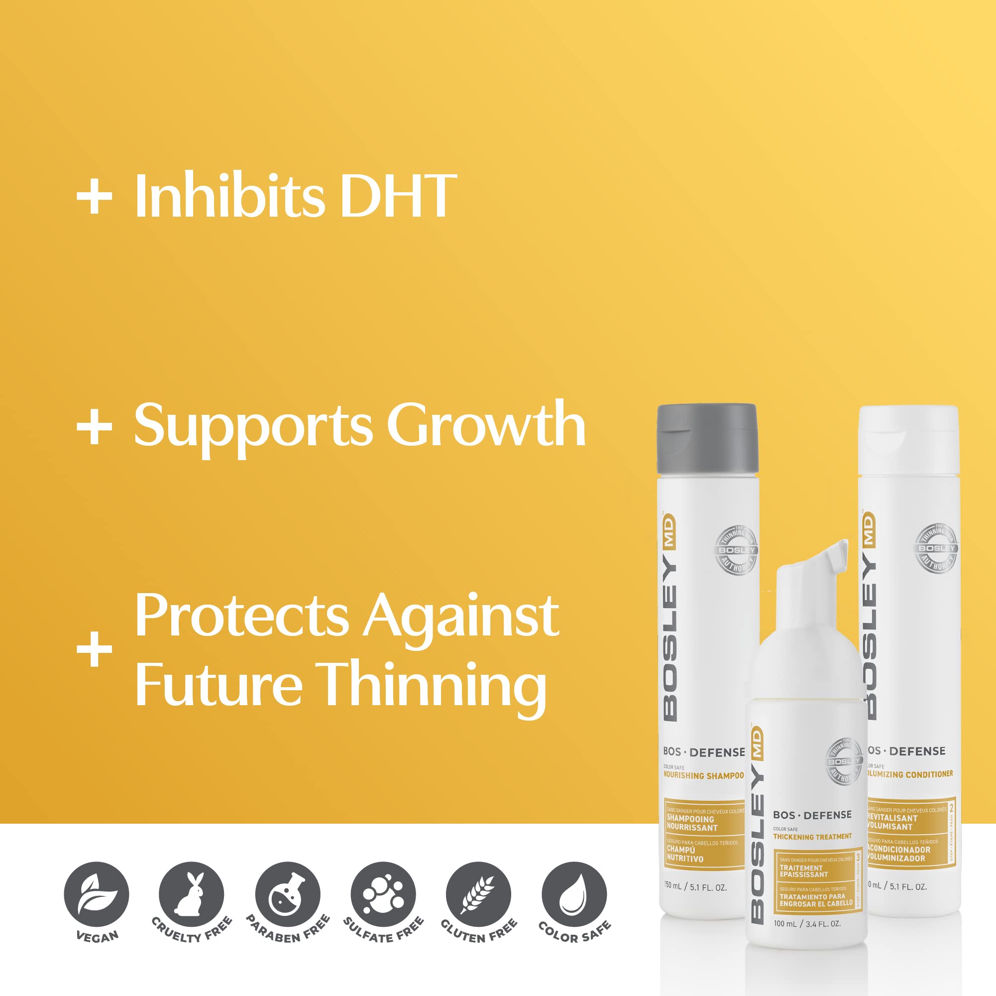 BosDefense Nourishing Shampoo bottle cleanses scalp and strengthens existing strands.