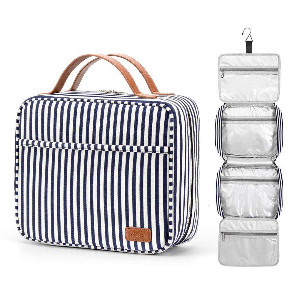 Bosidu hanging travel toiletry bag front view showing four compartments for easy organization.