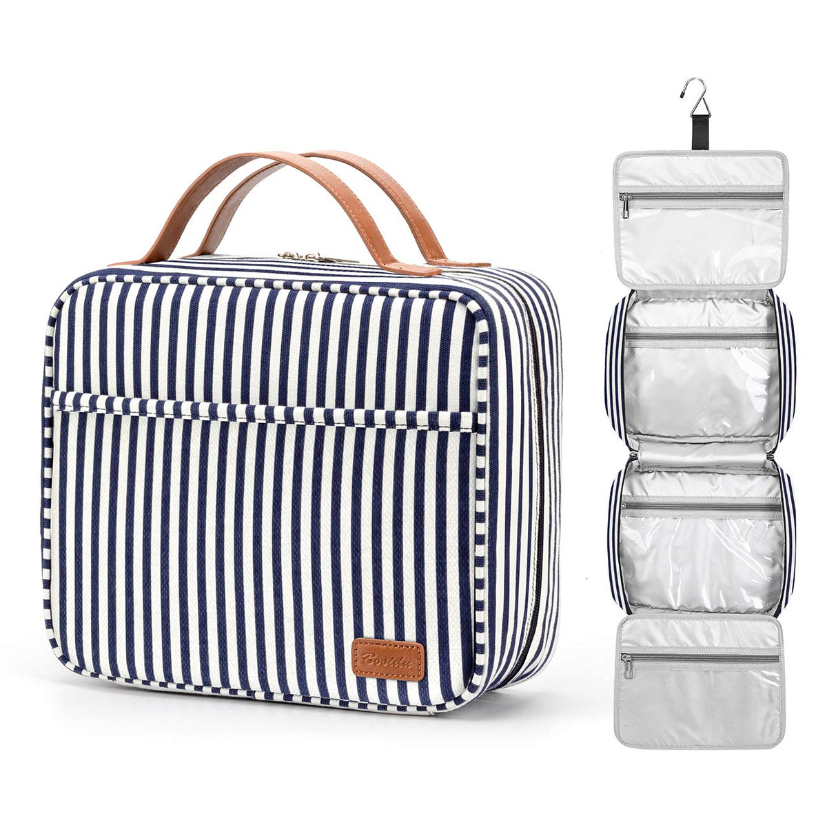 Bosidu hanging travel toiletry bag front view showing four compartments for easy organization.