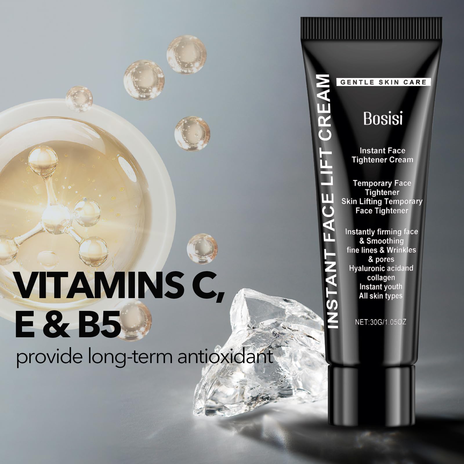 Fingertip application of Bosisi Instant Lift Cream targeted at fine lines for precise use.