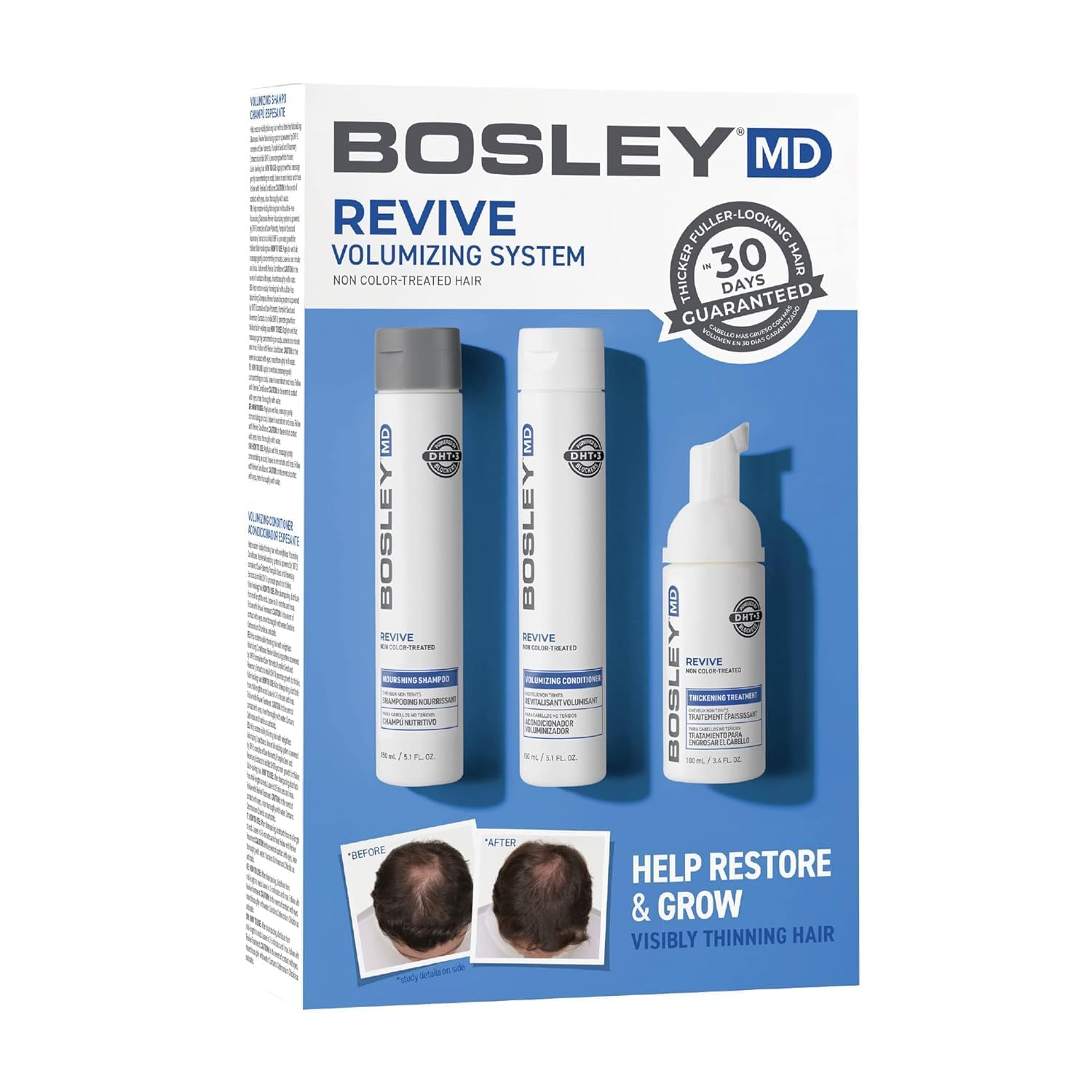 BosleyMD BosRevive Nourishing Shampoo bottle promotes clean scalp and fuller-looking hair.
