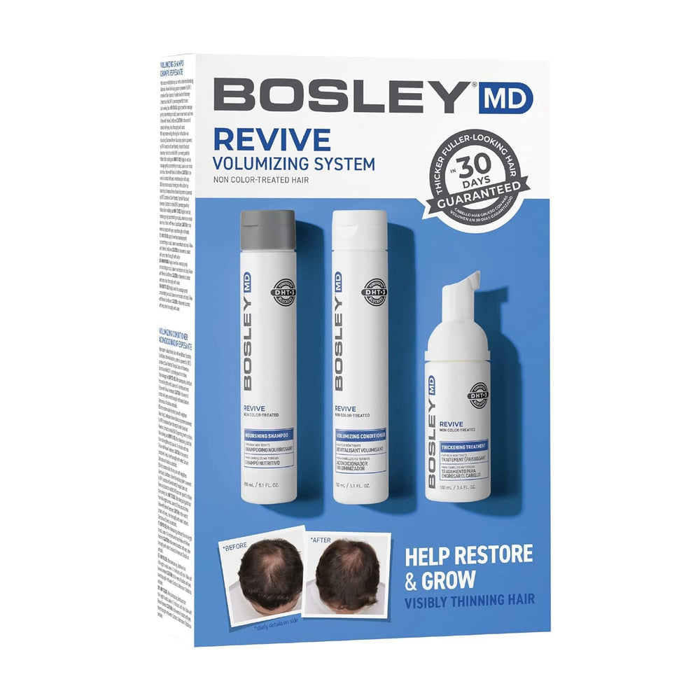 BosleyMD BosRevive Nourishing Shampoo bottle promotes clean scalp and fuller-looking hair.