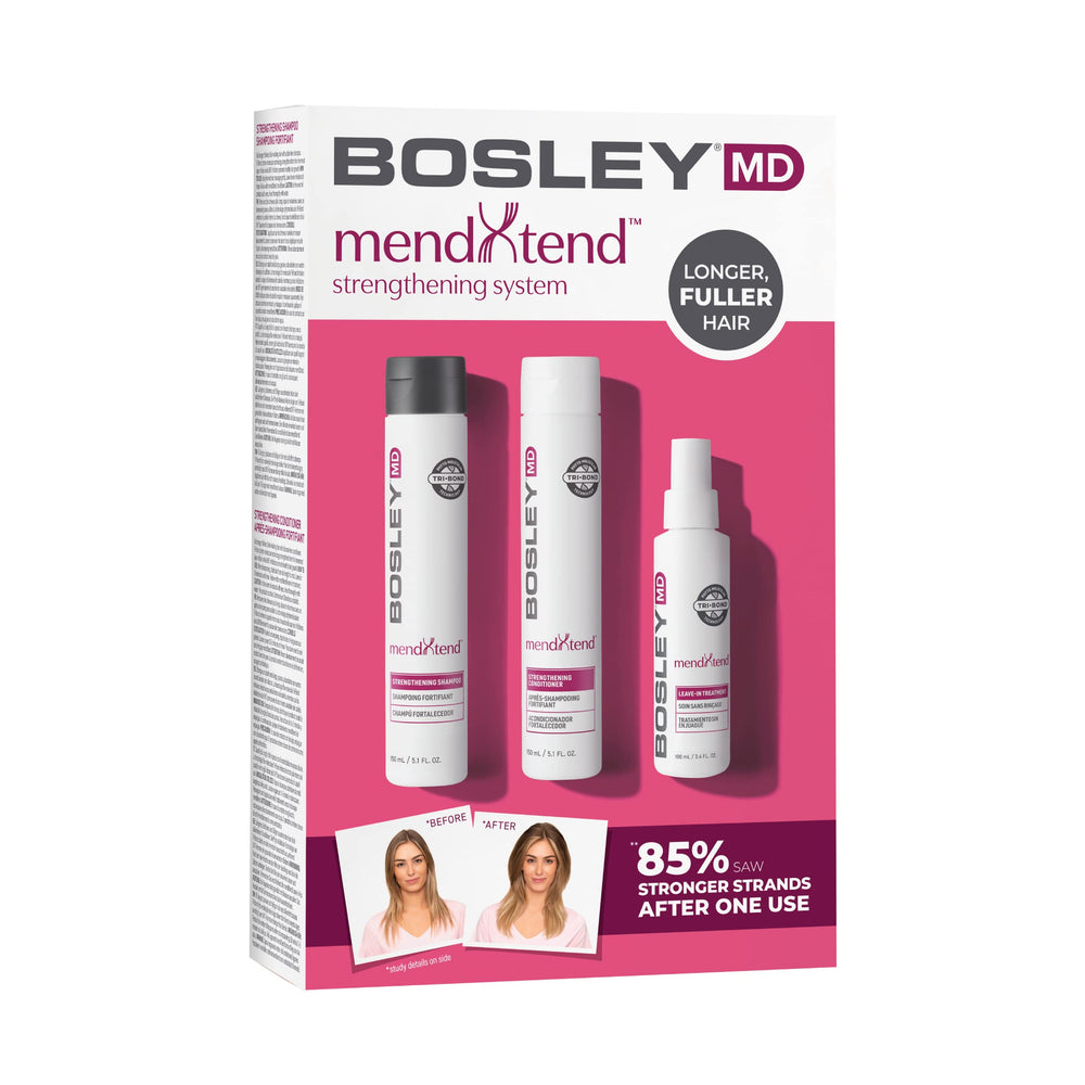 BosleyMD MendXtend bottle close-up highlighting thicker-looking hair benefits.