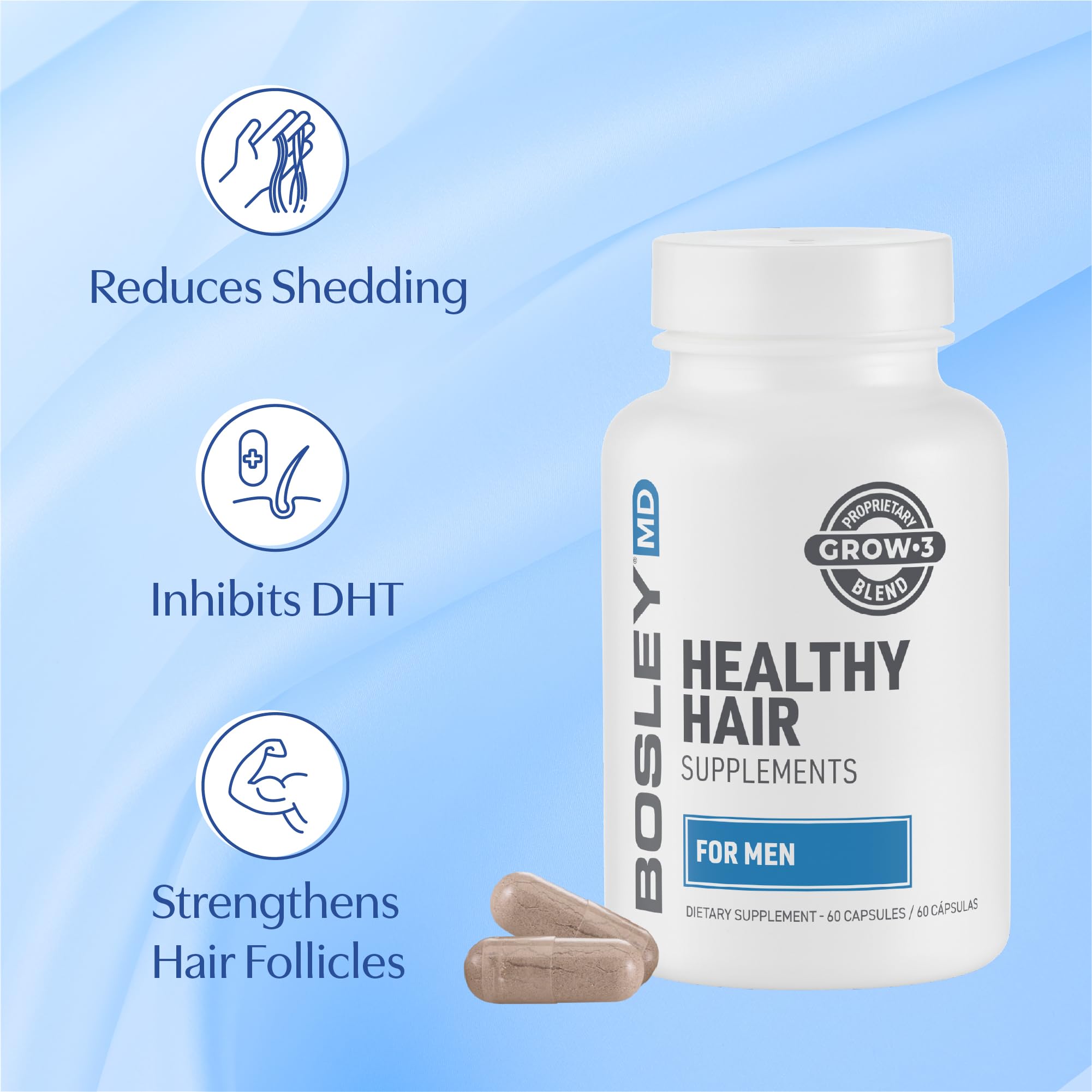 BosleyMD Men’s hair supplements capsules closeup, easy daily intake.