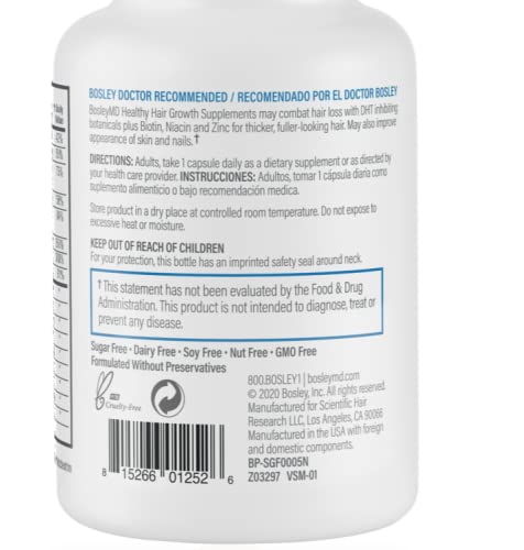 BosleyMD Men’s supplements ingredients label featuring saw palmetto, biotin, and zinc for vitality.