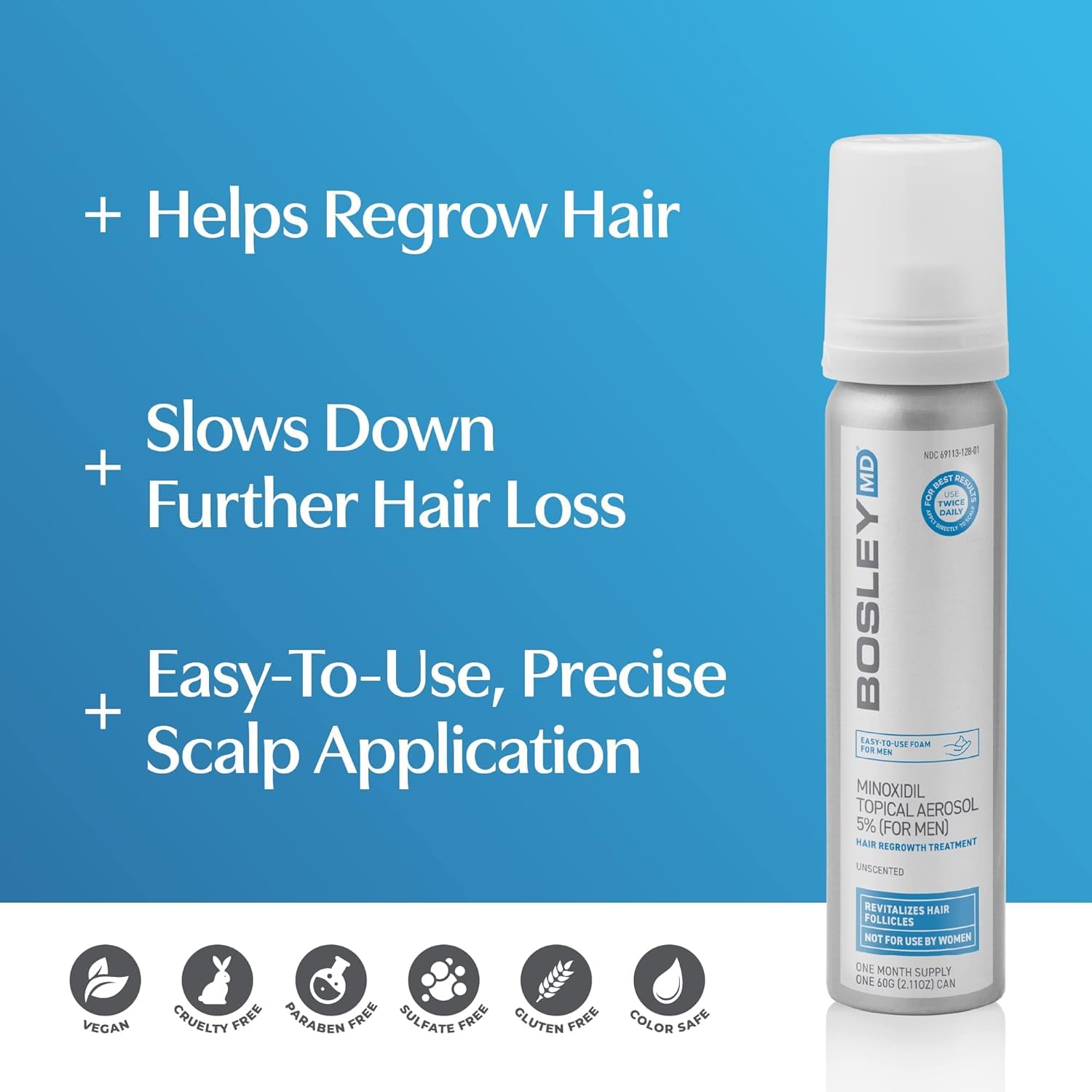 BosleyMD Minoxidil Foam hands applying on scalp for a quick daily routine.