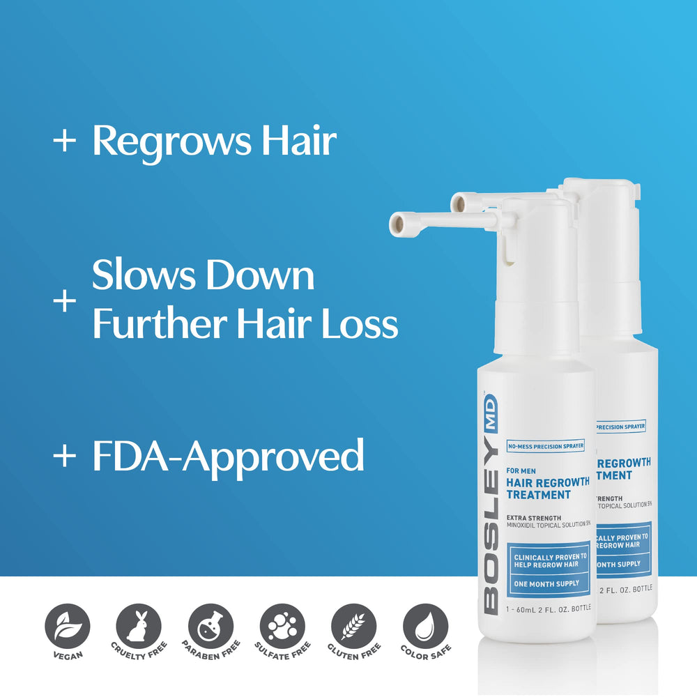 BosleyMD Minoxidil spray in-use demonstrates no-mess sprayer for convenient thinning hair treatment.