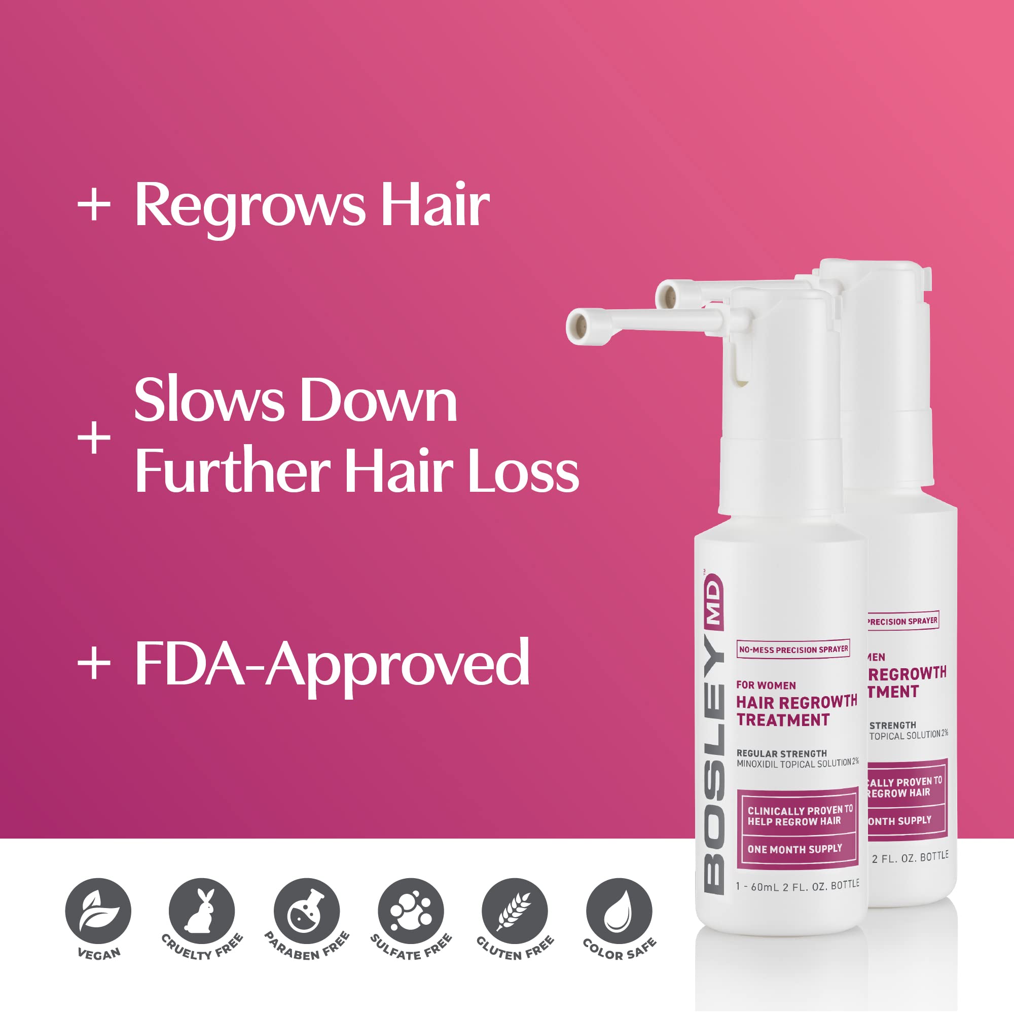 BosleyMD Minoxidil Woman Spray 2-month supply visible packaging signaling extended regimen.
