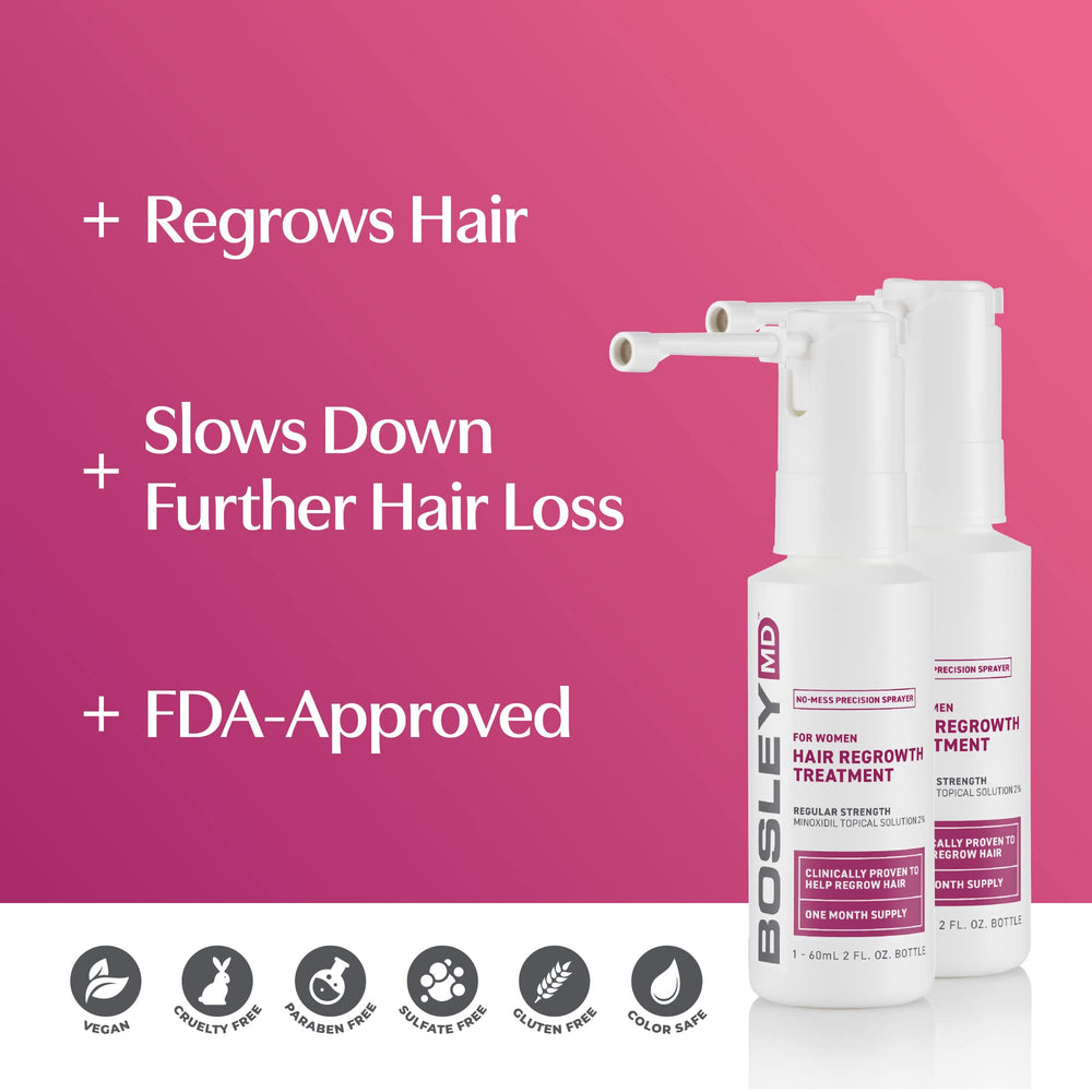 BosleyMD Minoxidil Woman Spray 2-month supply visible packaging signaling extended regimen.