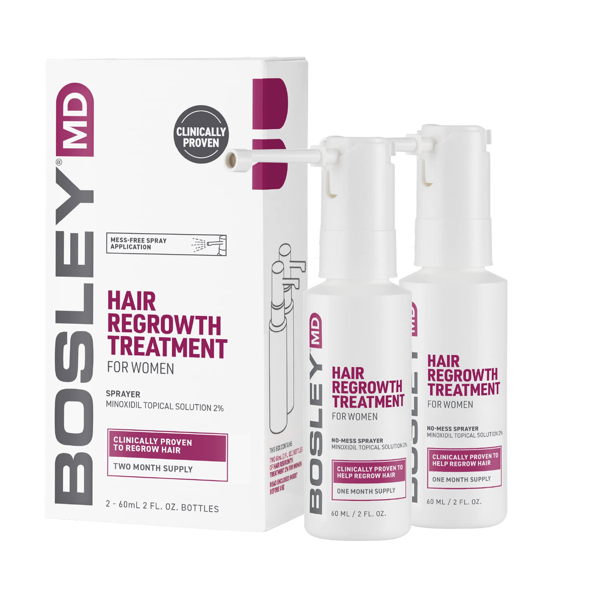 BosleyMD Minoxidil Woman Spray bottle closeup shows the no-mess applicator for easy regrowth support.