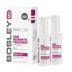 BosleyMD Minoxidil Woman Spray bottle closeup shows the no-mess applicator for easy regrowth support.