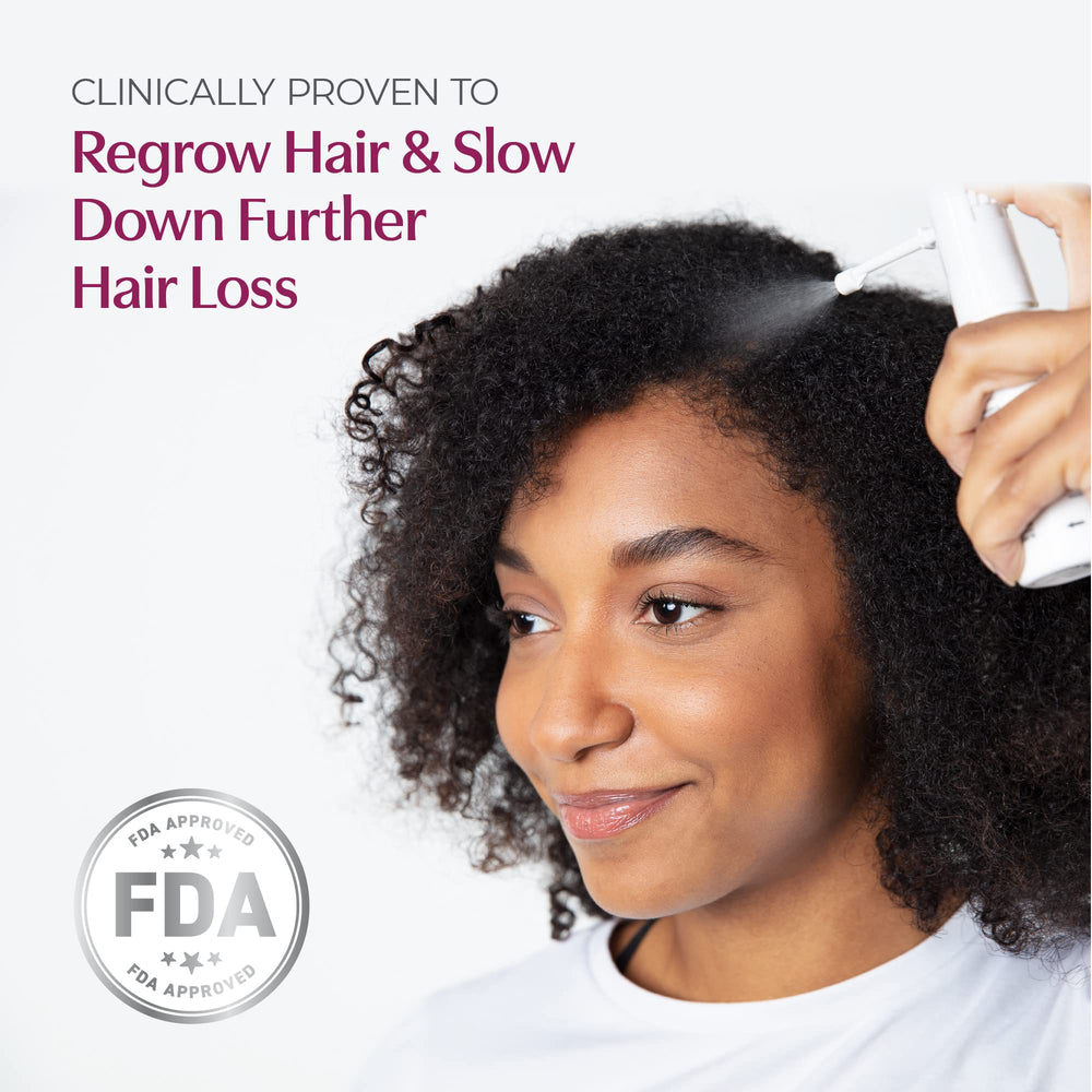 BosleyMD Minoxidil Woman Spray tiny bottle label highlights FDA-approved status.