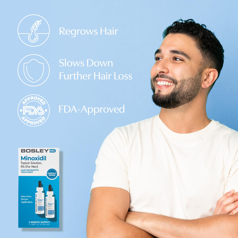 BosleyMD packaging box shows at-home treatment with 2 fl oz bottles.