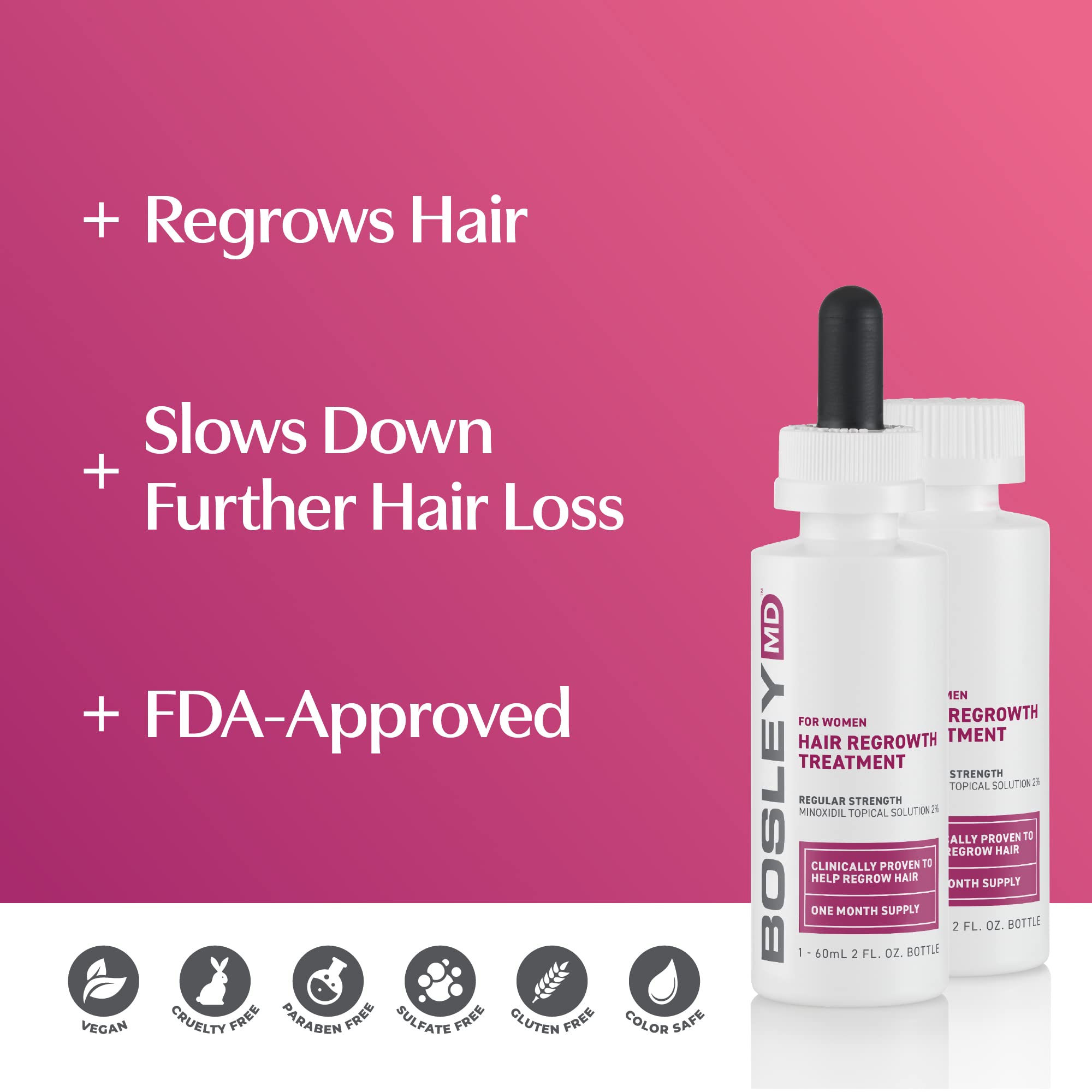 BosleyMD regular-strength packaging highlights two 2oz bottles.