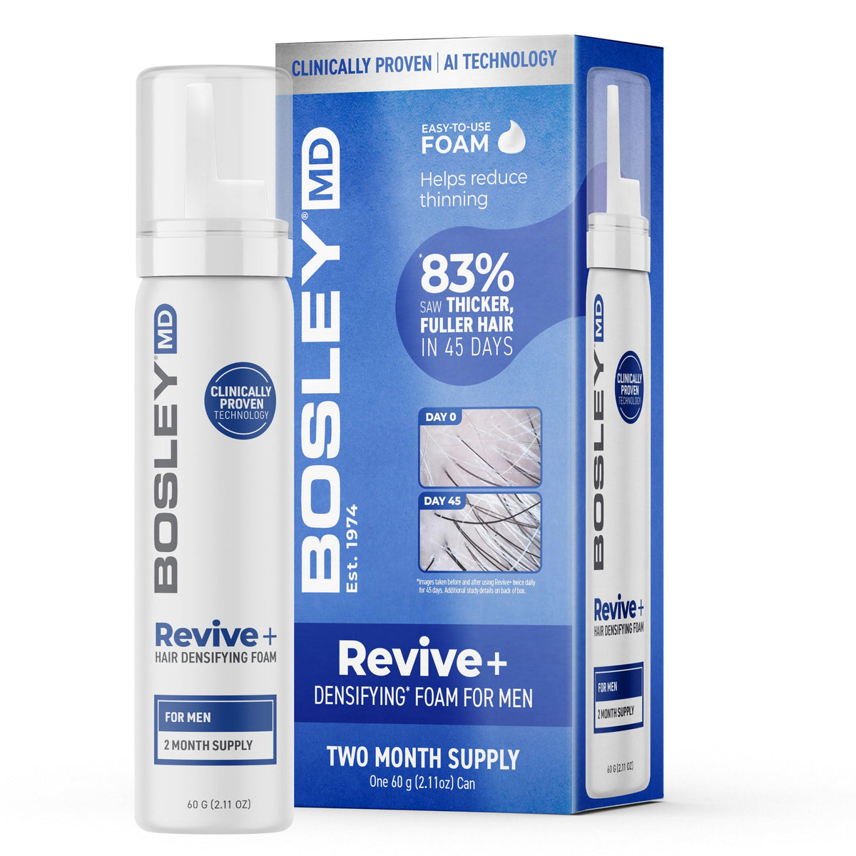 BosleyMD Revive+ densifying foam bottle highlighting drug-free thinning support for men's hair