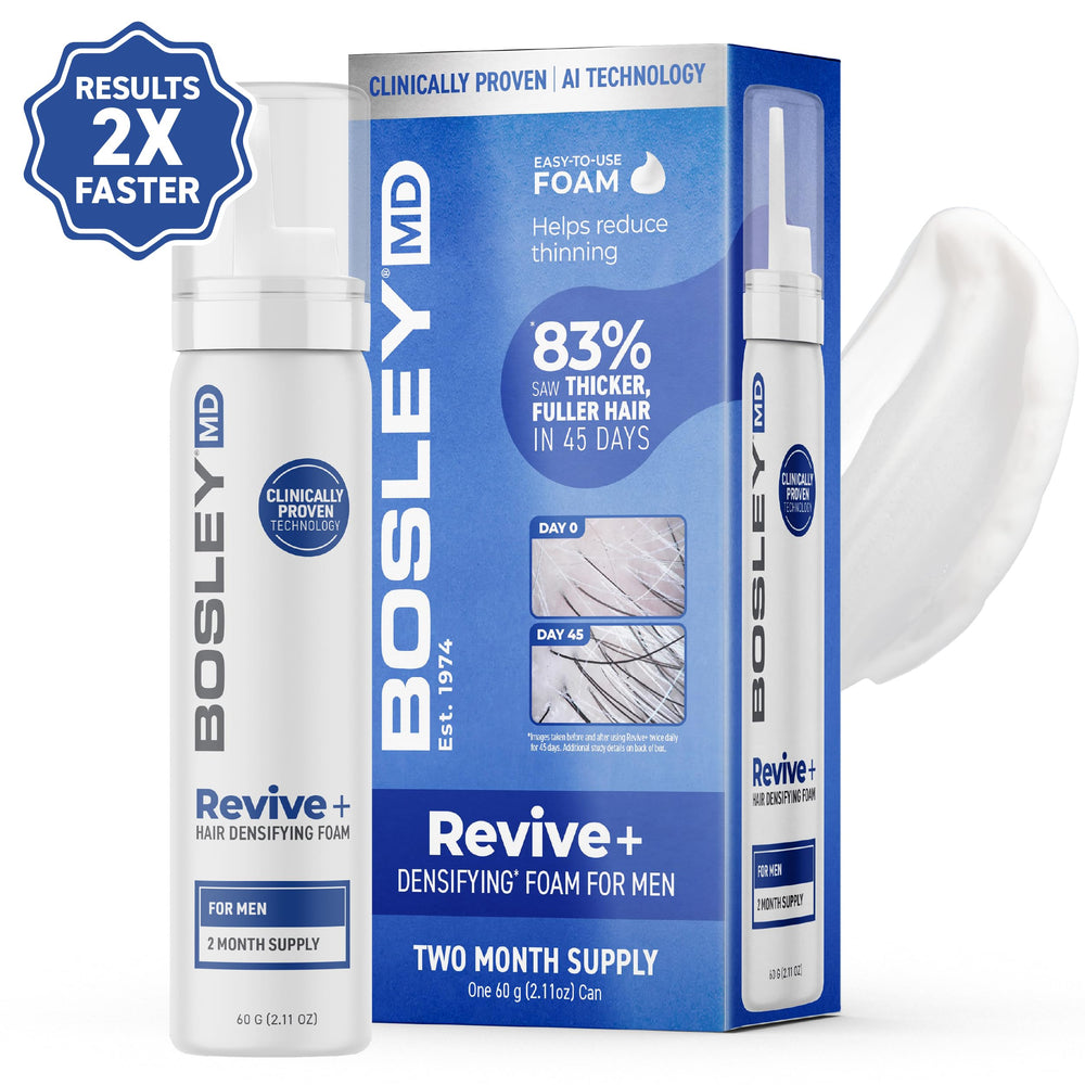 BosleyMD Revive+ foam closeup emphasizing lightweight mist for even coverage