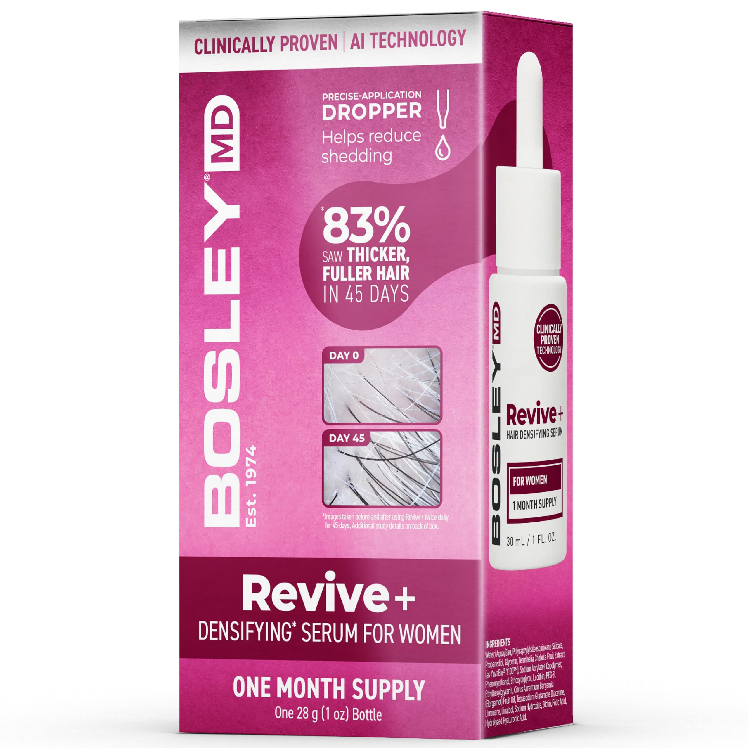 BosleyMD Revive+ serum bottle demonstrates a drug-free formula for fuller-looking hair.