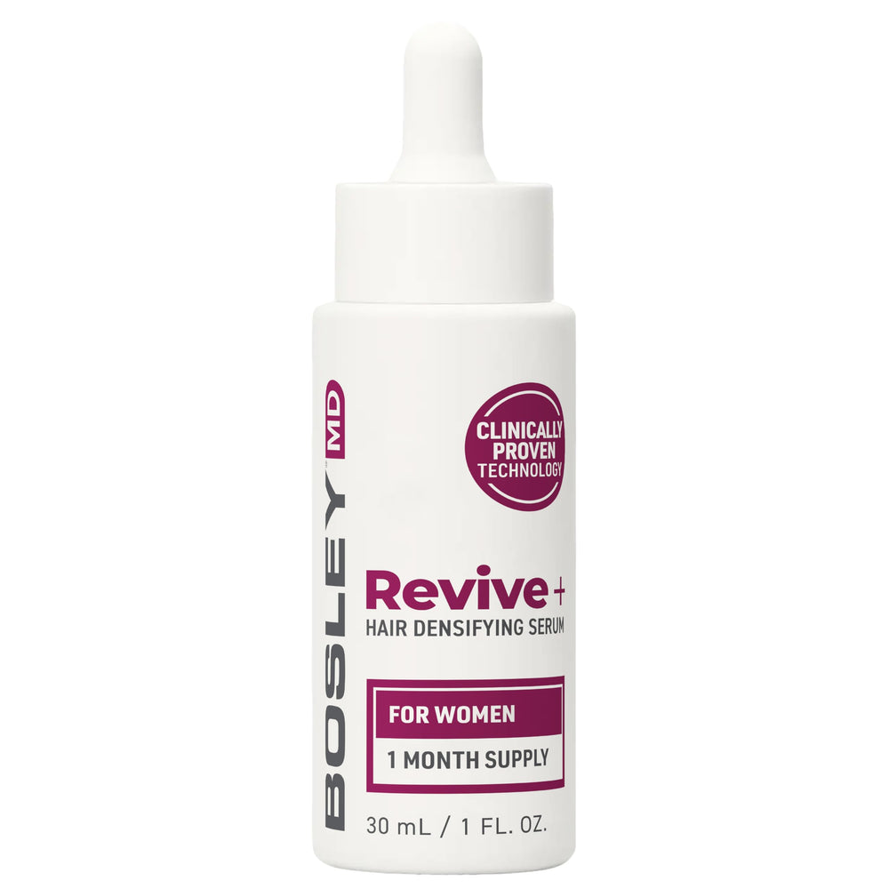 BosleyMD Revive+ serum closeup highlights a lightweight, fast-absorbing formula.