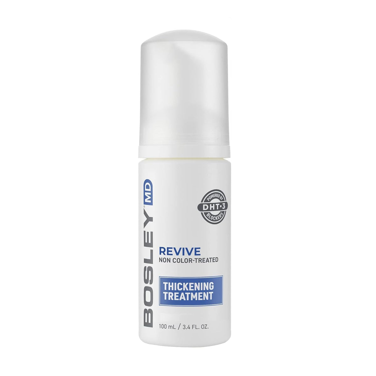 BosleyMD Thickening Treatment bottle and foam showing instant root volume for fuller hair.