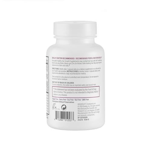 BosleyMD bottle label highlighting DHT-blocking botanicals for hair vitality