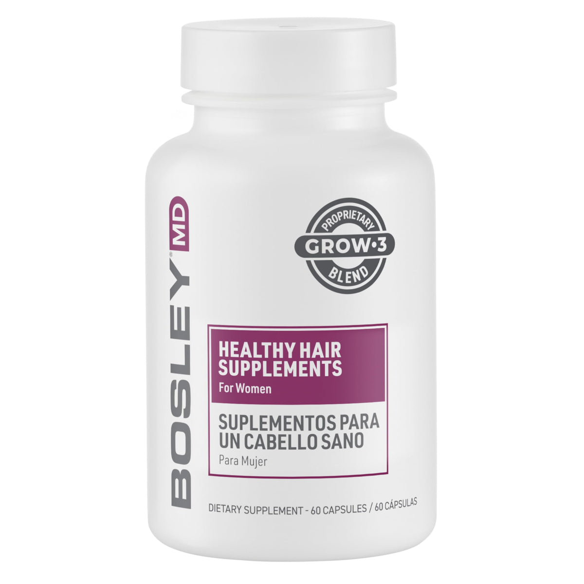 BosleyMD Women's Hair Growth Supplements bottle showing vegan formula for fuller-looking hair