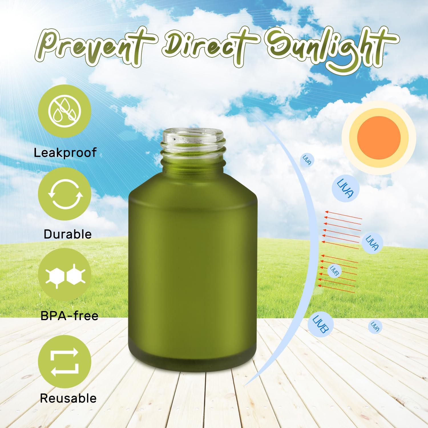 BOSMIOW green bottle protects contents from light and oxidation.