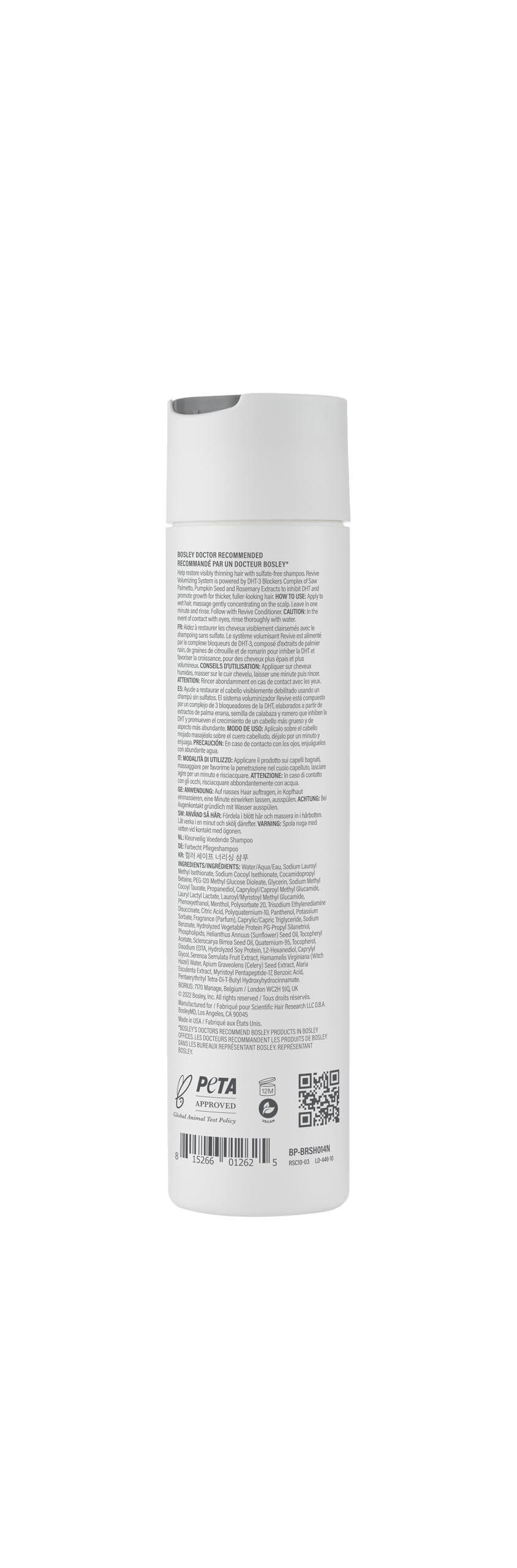 BosRevive label detail highlights vegan, paraben- and phthalate-free ingredients for sensitive scalps.