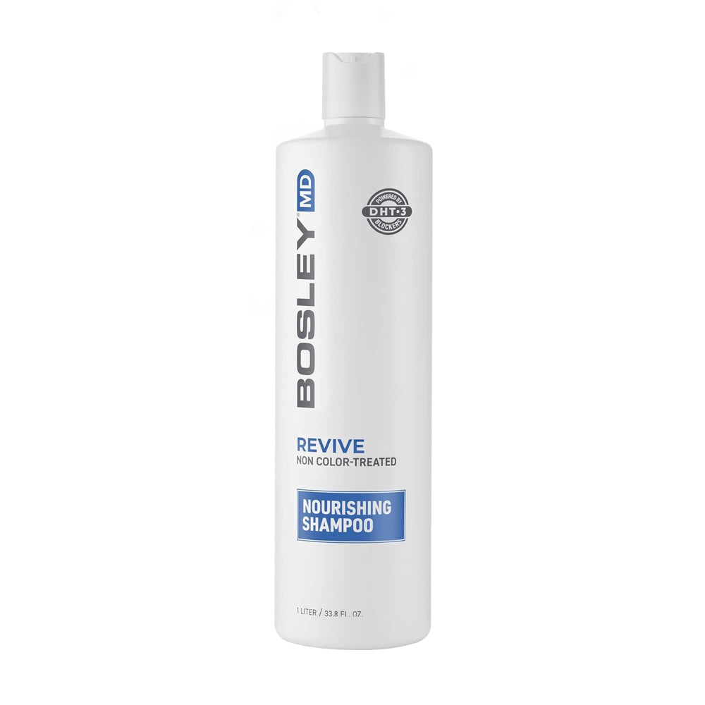 BosRevive Nourishing Shampoo bottle front showcases sulfate-free formula for cleaner scalp and fuller-looking hair.