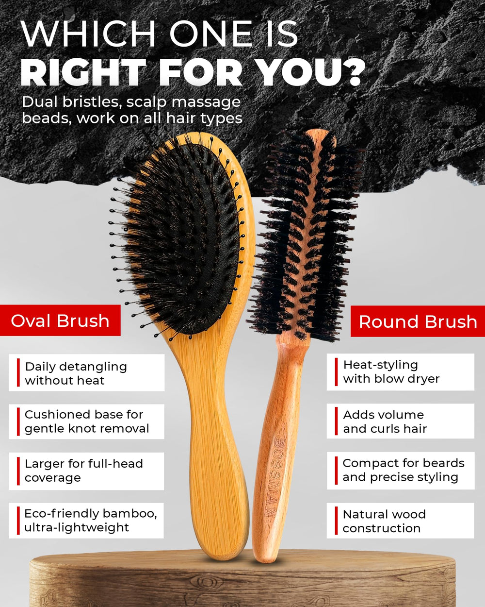 Bossman natural wood construction offers a sturdy, lightweight grip for comfortable styling